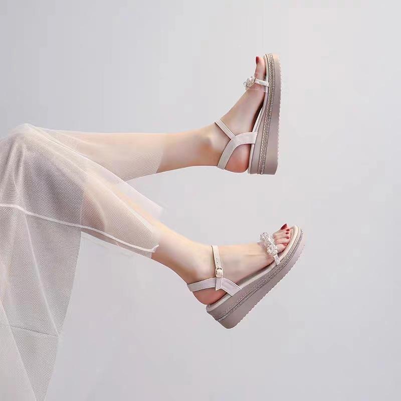 Fashion pearl beading transparent platform sandals women thick bottom summer wedges shoes ankle strap gladiator sandalias mujer 2025
