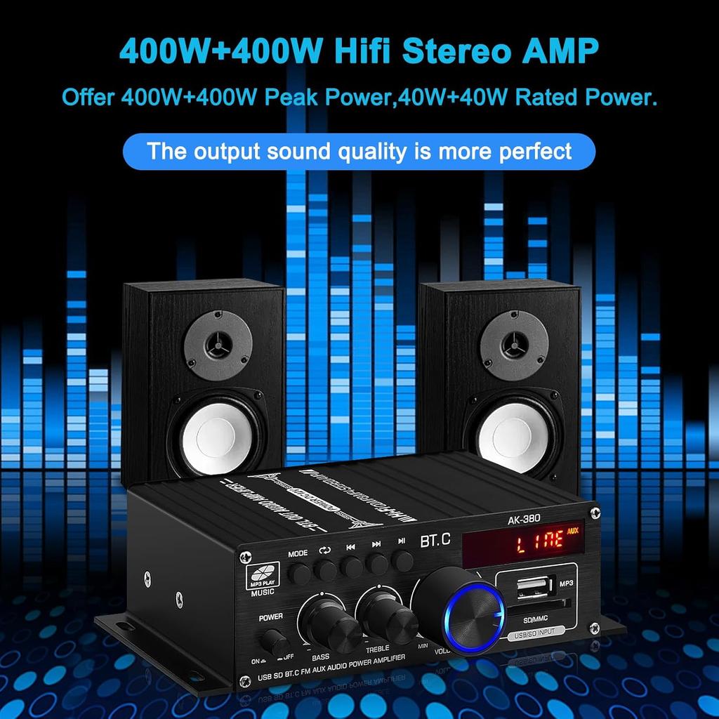 Bluetooth 5.0 Audio Power Amplifier AK-380 400W+400W 2.0 CH HiFi Stereo Amp Receiver with USB,SD,AUX,Remote Control,FM Antenna for Car Home Speaker