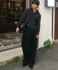 Jikeulib Black Curved Cut-Line Wide Cotton Pants