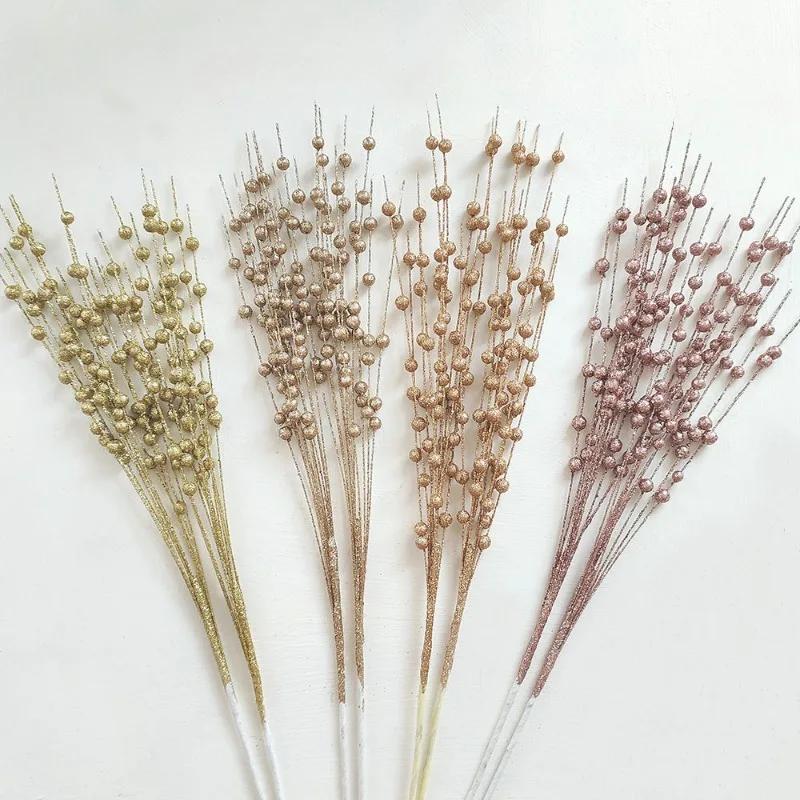 Artificial Flowers Christmas Berry Golden Branch Fake Plants Stem Tree Wreath DIY Home Christmas Wedding Decor Table Craft Gifts