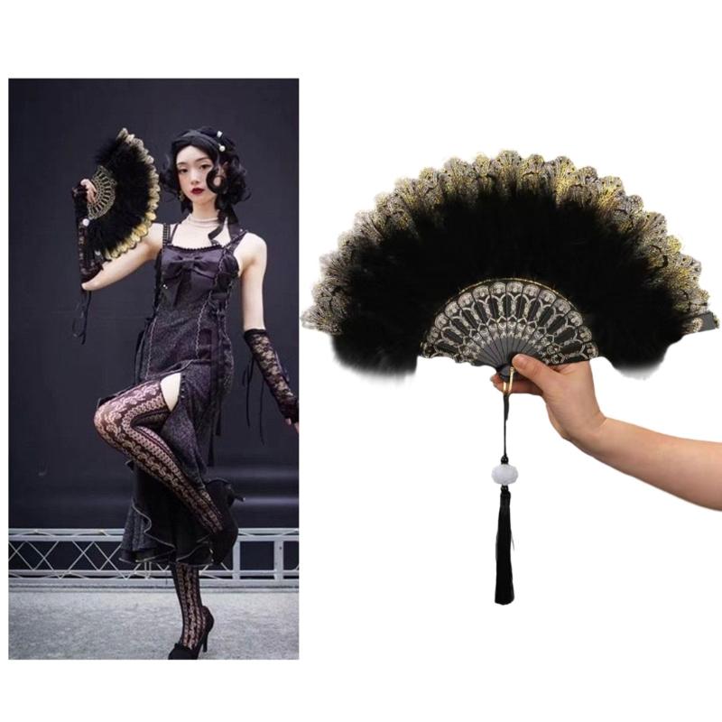 Embroidered Flower Feather Fan Vintage Hand Fan for Costume Dancing Handheld Folding Fan Performances Wedding Party
