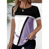 Women Crew Neck Geometric Color Block Print Short Sleeve Loose Casual Tee