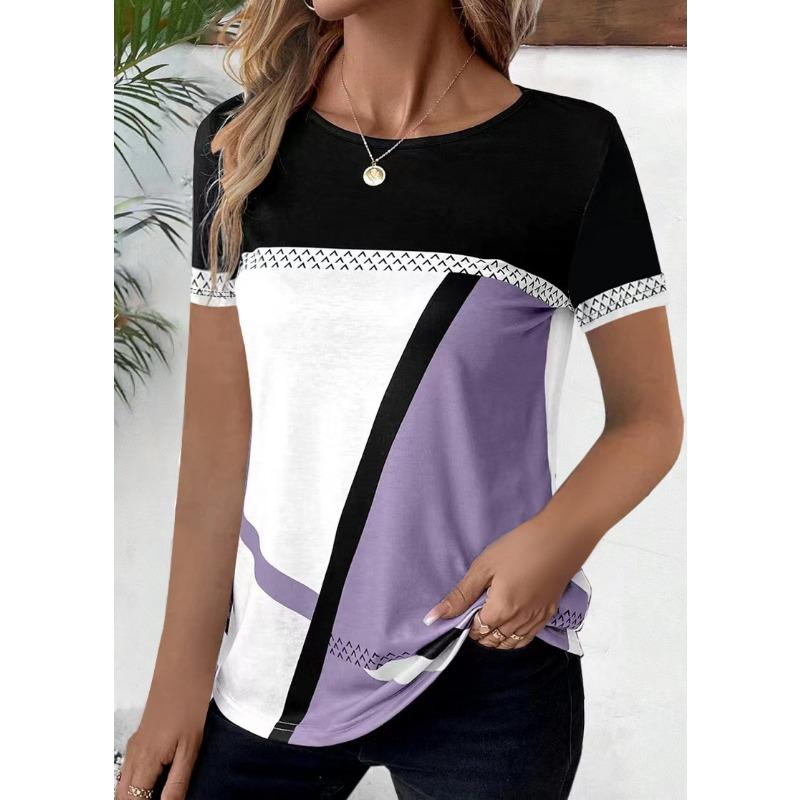 Women Crew Neck Geometric Color Block Print Short Sleeve Loose Casual Tee