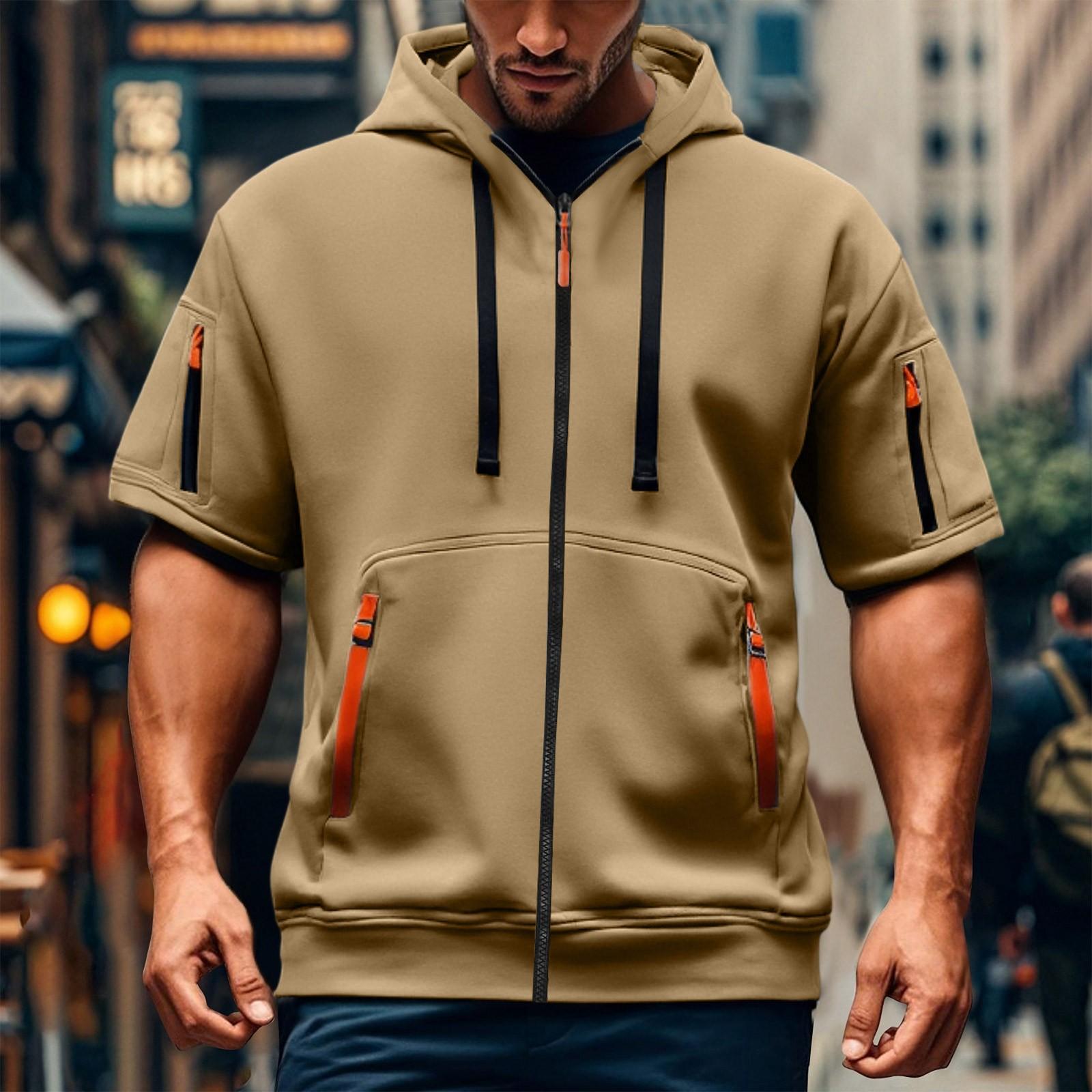 

Мужской повседневный свитер с короткими рукавами и капюшоном S хаки