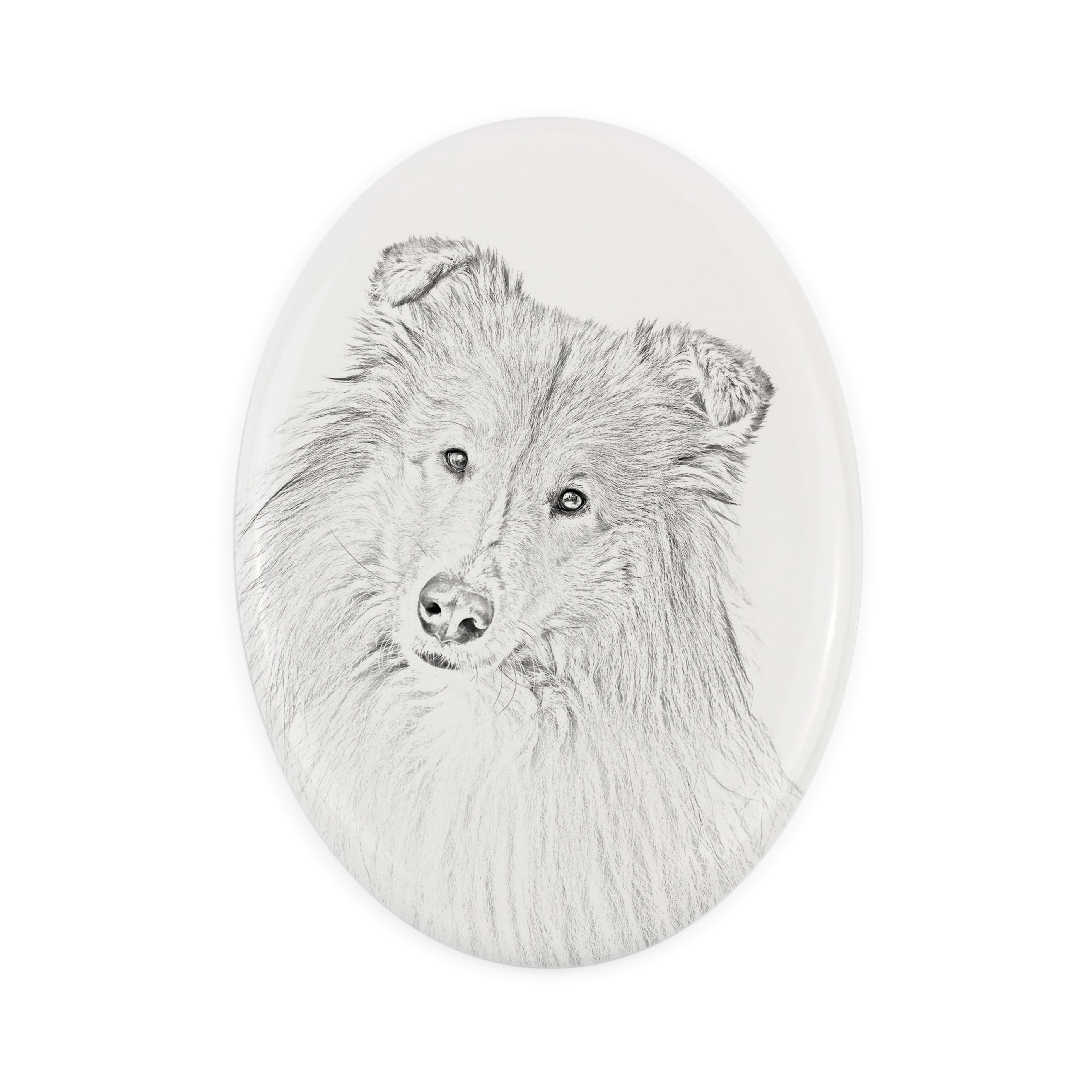 

Collie Rough, Long-Haired Collie - commemorative plaque with a photo of a dog, tombstone with a print, personalized oval plaque from the Art-Dog brand білий