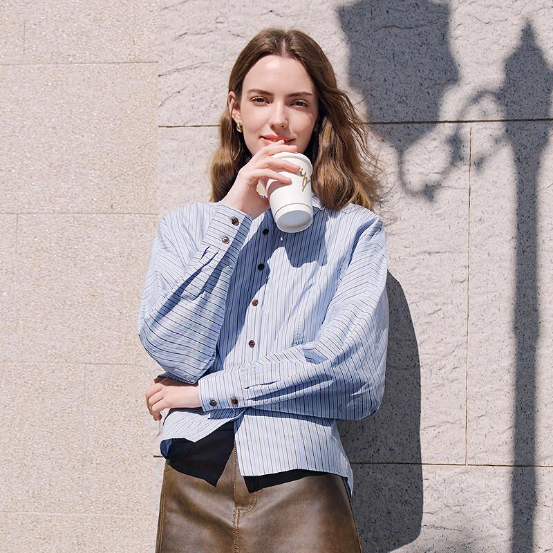 BATTU Women's French Style Striped Cotton Long-Sleeve Shirt