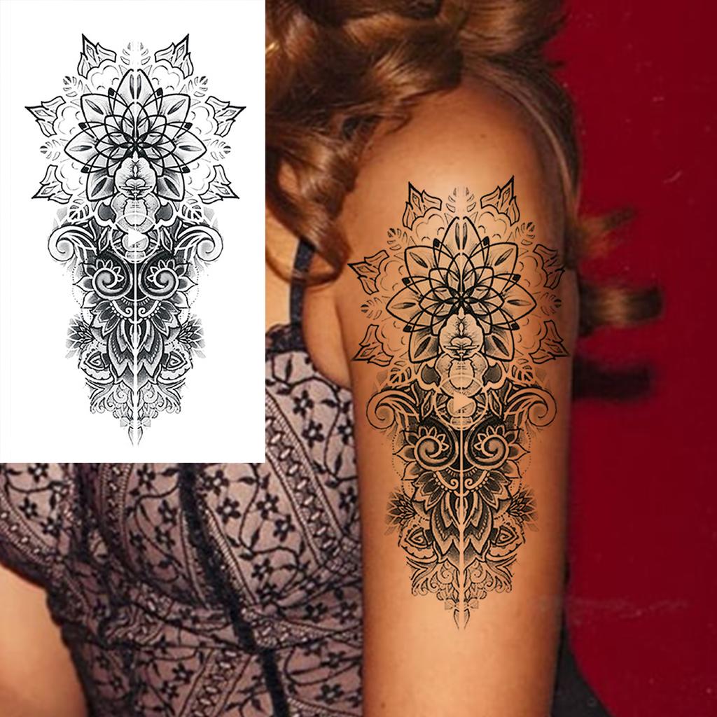 1 Sheet Black Henna Mandala Fake Jewels Temporary Sleeve Tattoos For Women Girls Forearm Waist Chest Back Tattoo Sticker Decal