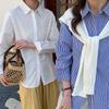 Spring Updated High-stand Pure Cotton Classic Blue and White Striped Mid-length Commuting Blouse