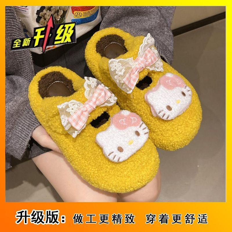 Милые мультяшные пушистые тапочки Hello Kitty женские на толстой подошве с увеличением высоты, удобные тапочки для улицы, новые модели осень-зима 2025