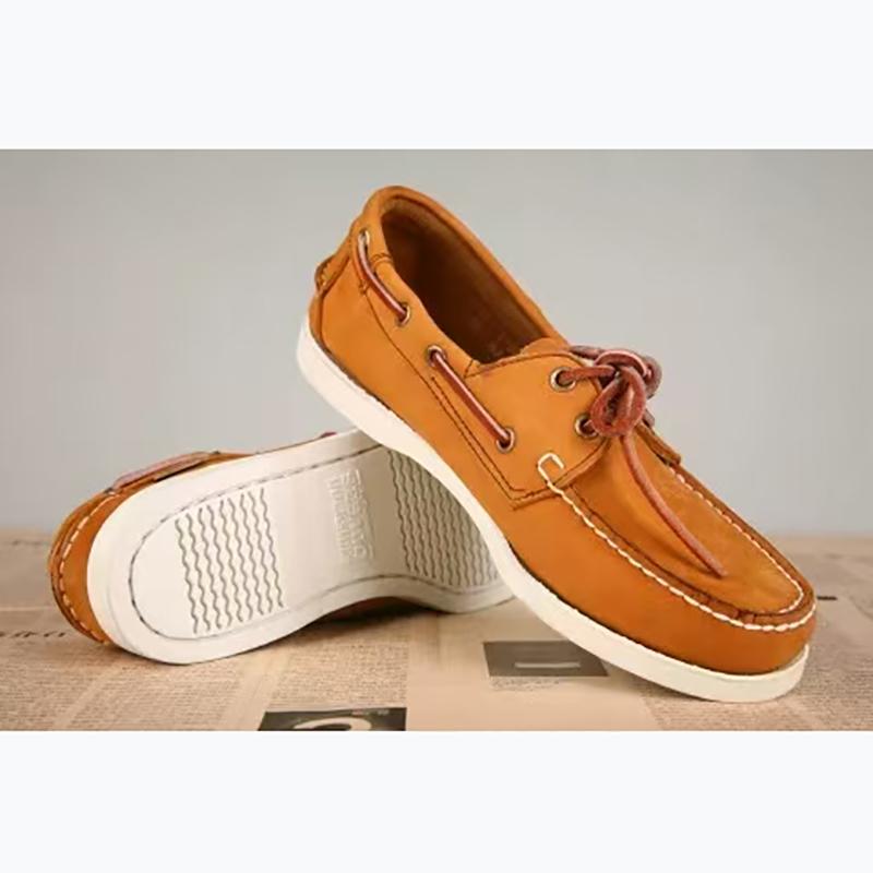 Men Genuine Nubuck Leather Docksides Casual Boat Shoes,Brand Designer Flat Loafers For Homme Femme Orange Color X130