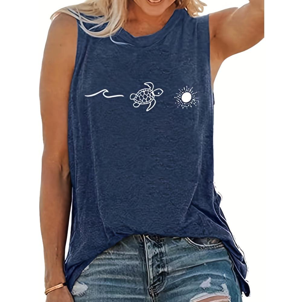 Solid Color Graphic Tank Top, Casual Sleeveless Crew Neck Tank Top For Spring & Summer, Women's Clothing