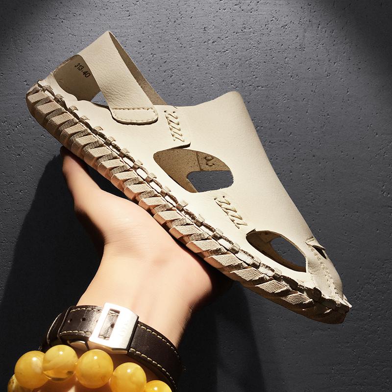 2024Men's Summer Beach Shoes Sandals Retro Trend Men's Shoes Leather Slippers New In Fashion Slippers Handmade Male Beach Shoes