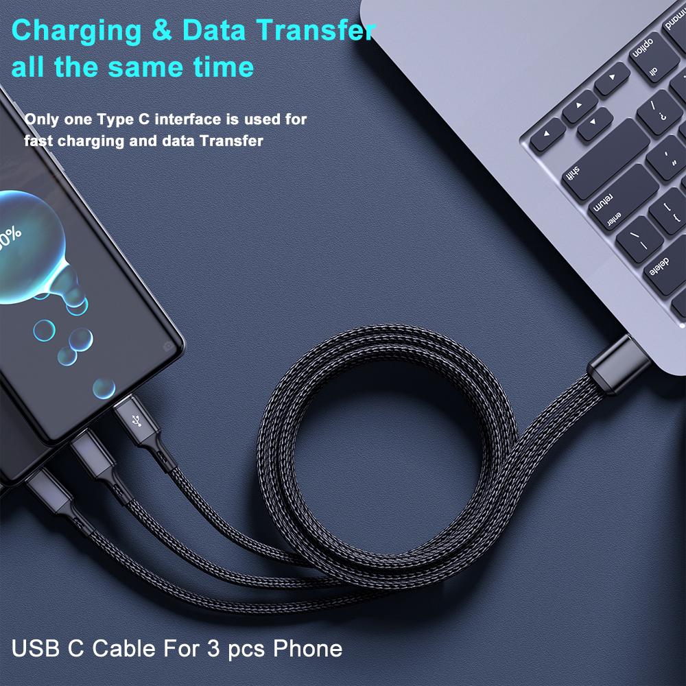 3 In 1 100W 6A USB-A to 3 ×Type-C Fast Charging Data Cable For Samsung S24 Xiaomi Huawei Android Phone USB C Data Transfer Cord