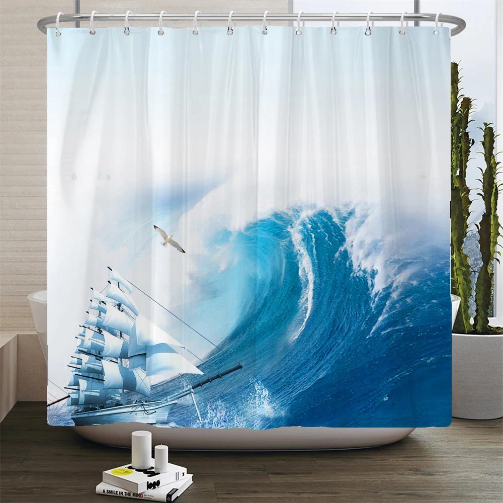 Sailboat Waterproof Bathroom Shower Curtains Sea Navigation Bath Curtains 3d Printing With Hooks 180*180cm Washable Cloth