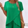 Dame 2-delt Sett Rund Hals Kort Erme Ujevn Kant Topp og Vide Bukser Sett Sommer Uformelle Lounge Antrekk