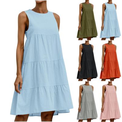 Women's Summer Cotton Linen Tank Dress Loose Sleeveless Tiered A-Line Vacation Beach Casual Dresses