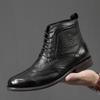 Men's Brogue Ankle Boots: Carved Cowhide High-Top, Pointed Toe, Autumn/Winter Fashion, Large Size.