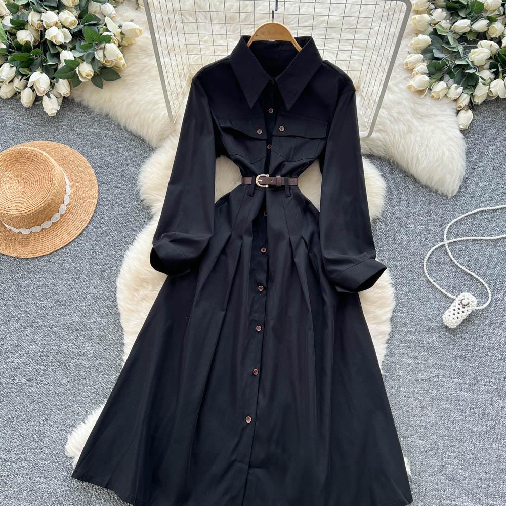 French Light Maturity Minimalist Retro Lapel Long Sleeve Single Button Waist Cinching Dress Women Autumn Slim Fit Elegant Maxi Dresses