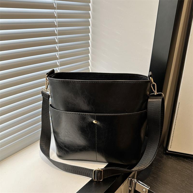 

Женская кожаная сумка-ведро с несколькими карманами из искусственной кожи, сумка через плечо, универсальная сумка через плечо, сумка-портфель для путешествий для девочек 24.5x10.5x23.5cm чёрный