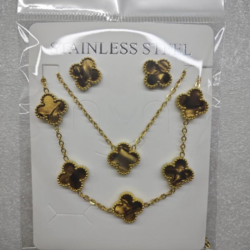 13mm Clover Pendant Necklace Bracelet Earring Set 18K Gold Plated Stainless Steel Jewelry Women Men