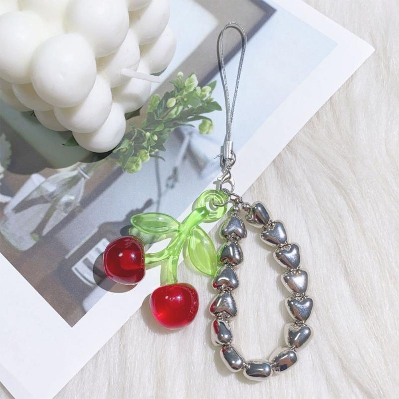 Stylish Beaded Cherry Pendant Keychain For Phone Or Keys Sturdy Alloy Material Compact Rope Construction