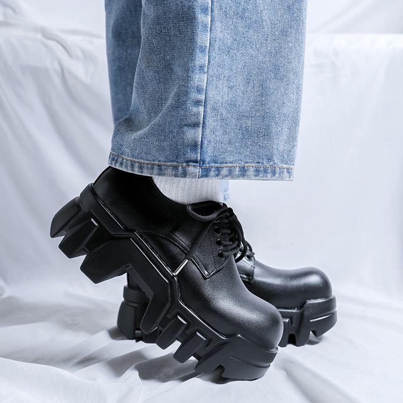 Black trendy thick soled shoes Classic and men's minimalist style Outdoor street Daily lace up Height increasing shoes