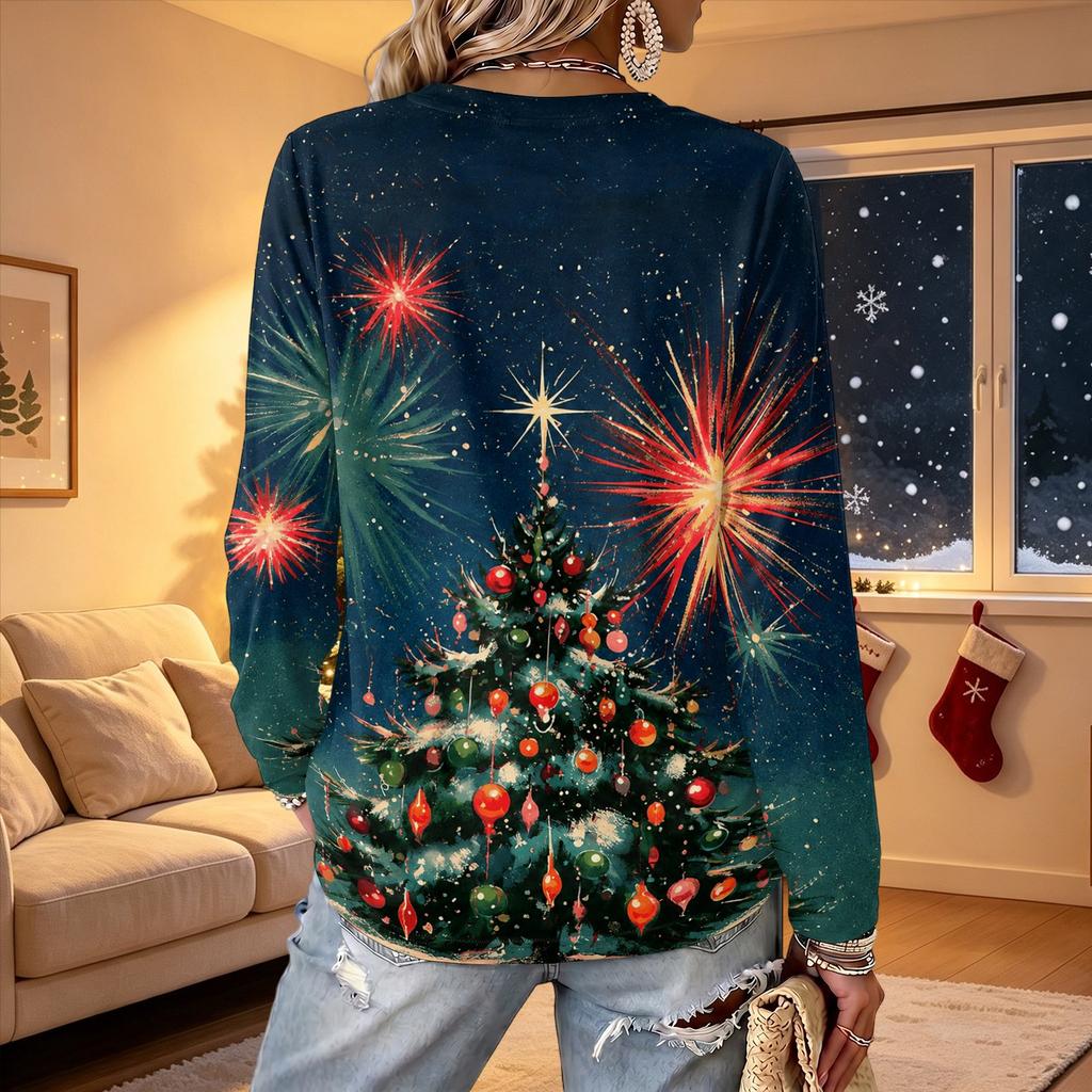 Women's V-Neck Long Sleeve Christmas Print Lightweight Blouse for Spring and Summer