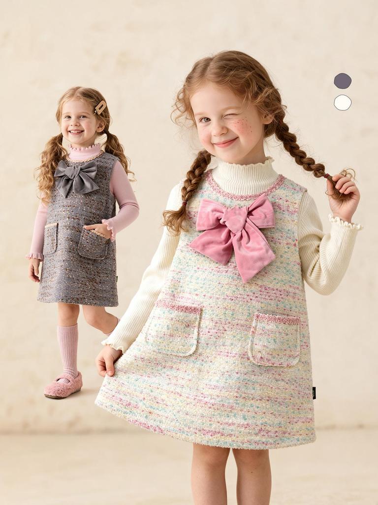Tongbei 2025 Winter Girls' Sweet Bow Wool Sleeveless Dress