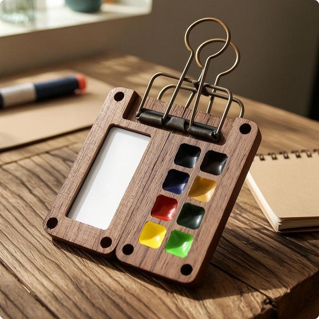 Watercolor Palette with Binder Clip Compact PocketSized Wooden Paint