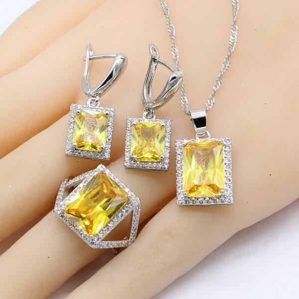 

Geometric Yellow Cubic Zircnoia Color Jewelry Sets For Women Bracelet Earrings Necklace Pendant Rings Gift Box 9