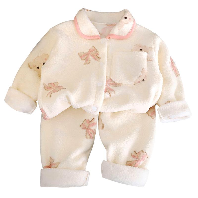 Kids Fleece Pajama Set Boys Girls Thickened Flannel Warm Open Front Home Wear Loungewear For Winter