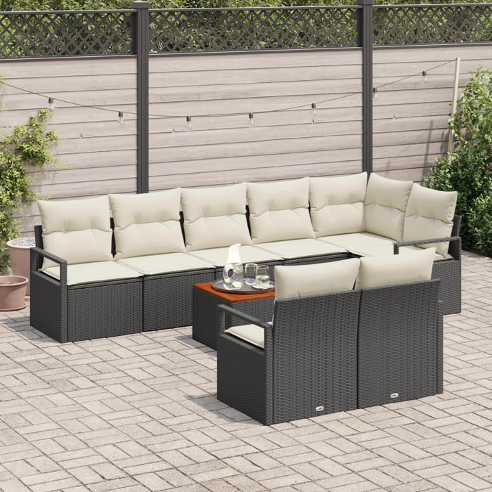 Ensemble de Canapé de Jardin de 9 Pièces avec Coussins en Rattan Poly Noir Acacia, Canapé de Jardin 2 Places avec Rangement 3356388