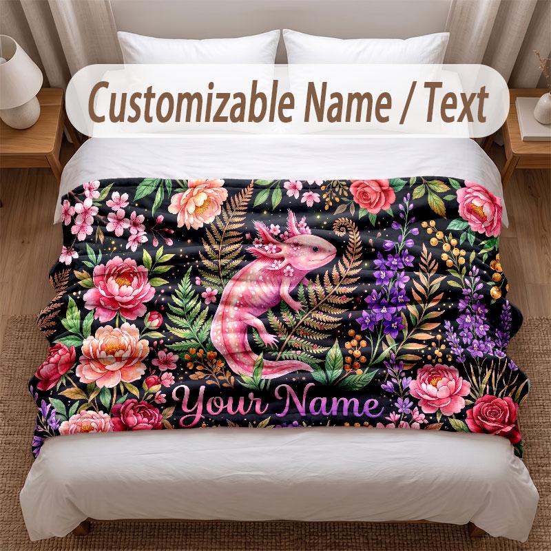 Axolotl Theme Soft Blanket Personalized Custom Name Text Print Warm Blanket Home Sofa Bedroom Decor