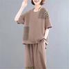Women Summer 2 Piece Outfit Plus Size Cotton Linen Patchwork Printed Short Sleeve Top & Harem Pants Set Casual Loose Mother Clothes