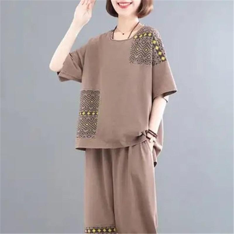 Women Summer 2 Piece Outfit Plus Size Cotton Linen Patchwork Printed Short Sleeve Top & Harem Pants Set Casual Loose Mother Clothes