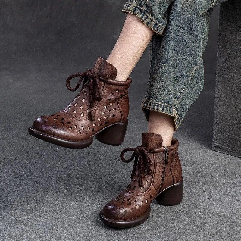 Johnature Retro Breathable Hollow-out Boots Sandals Genuine Leather Fashion High Heels Women's Shoes