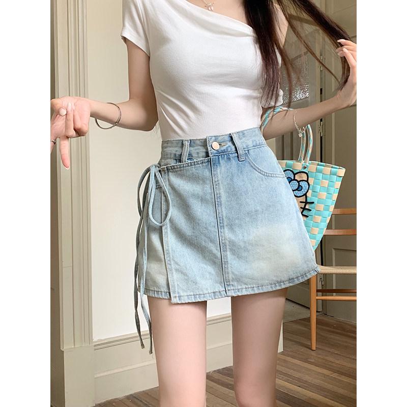 

Plus Size High Waist A-Line Denim Skirt—Vintage Summer Style, Anti-Exposure, Slimming Hip-Hugging Design 3XL (For 150-165 Jin) светло-синий