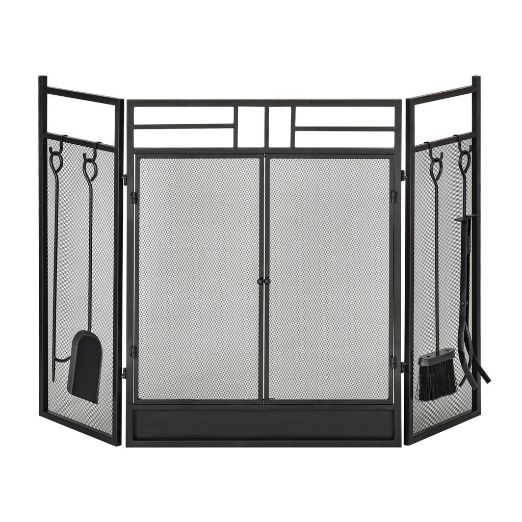 3 Panel Folding Fireplace Screen with 4 Tools Set, Steel Mesh Spark Guard with Double Door for Open Fire, Log Burner, 122W X 80H Cm, Black