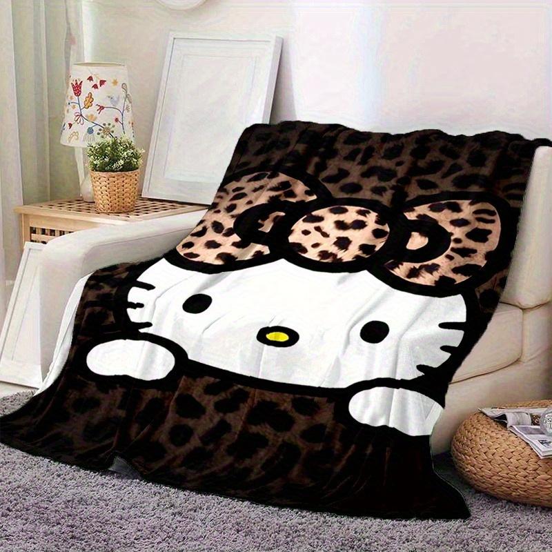 Leopard Hello Kitty Flannel Throw Blanket 2DSingle Print Soft Blanket Home Bedroom Living Room Dorm Kids Room Playful Vibe Decor 75cmx90cm