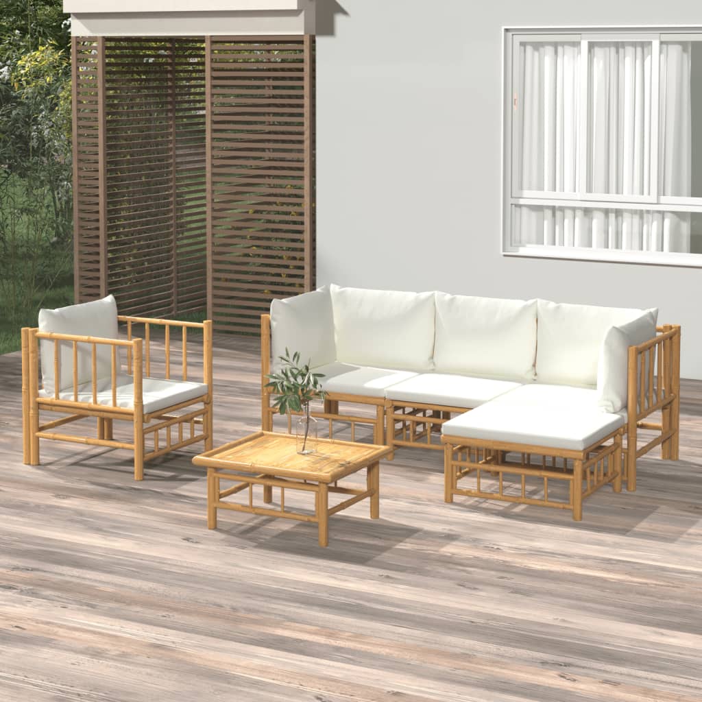 6 Piece Garden Lounge Set with Cream Colored Cushions Bamboo