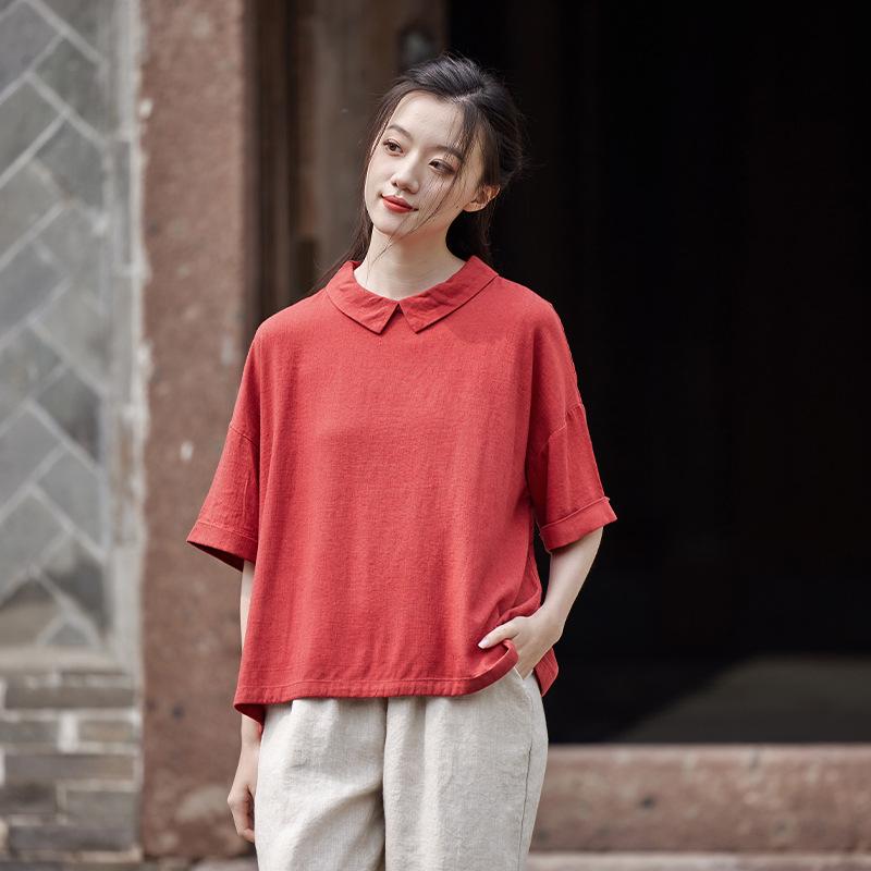 Johnature Pulôver feminino camisetas de linho cor sólida turn-down cor manga curta verão solto casual camisetas femininas