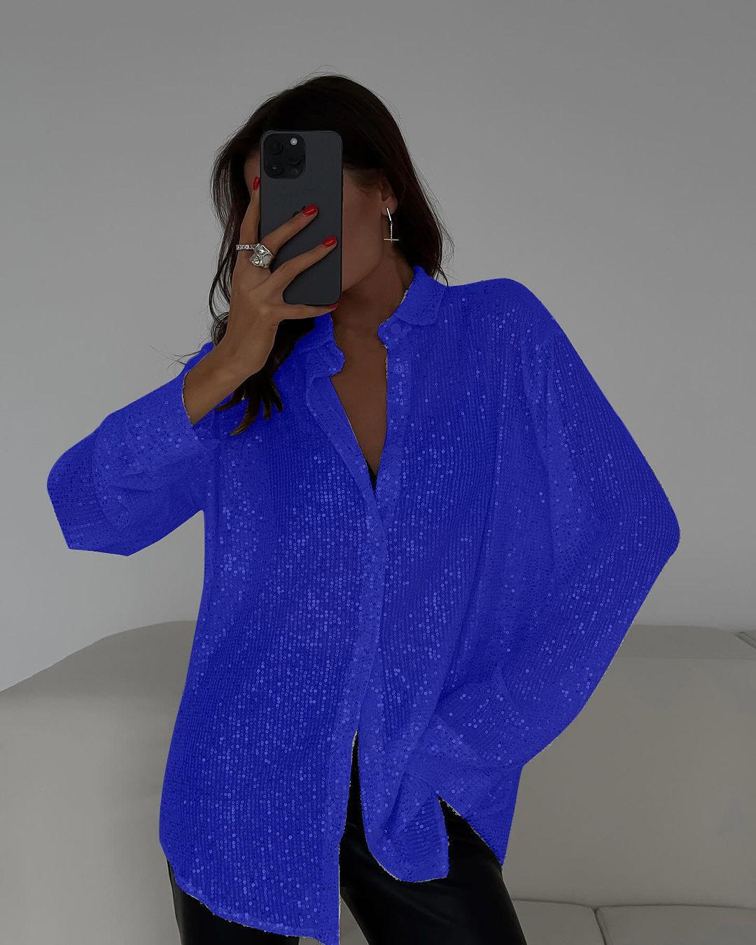 

Spring and Summer New Bead Top Lapel Long-sleeved Cardigan Basic Women s Shirt Jacket 3XL