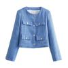 European and American style, new women's clothing textured shoulder padded round neck long-sleeved small fragrant jacket 1202416