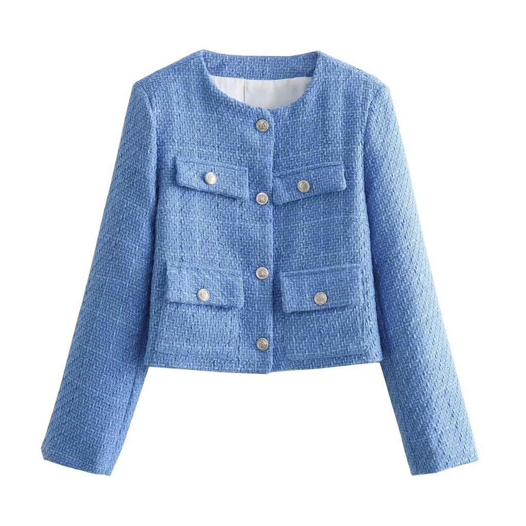 European and American style, new women's clothing textured shoulder padded round neck long-sleeved small fragrant jacket 1202416