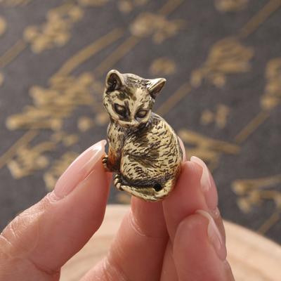 Yousheng Brass Cat Figurine Small Cat Statue Incense Stick Holder Desktop Retro Mini Feline Ornament for Home Office Tea Table Car
