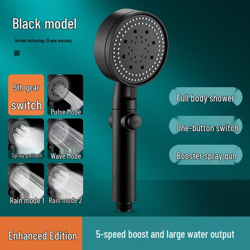 Five-Speed Frosted Black Shower Head & Booster Hose Set