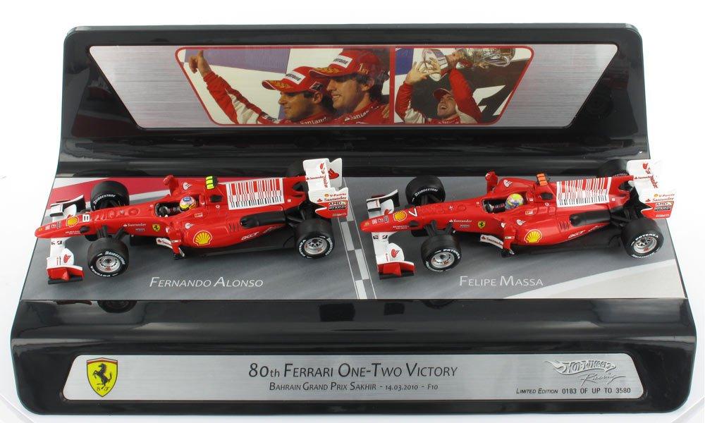 Mattel Ferrari F10 2010 F1 Bahrain Grand Prix place finish Alonso Massa set 1/43 1st-2nd #8 F. / #7 F. 2-car