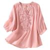 Women's Solid Color Three Quarter Sleeve Cotton And Linen Embroidered Retro Half Open Collar Top
