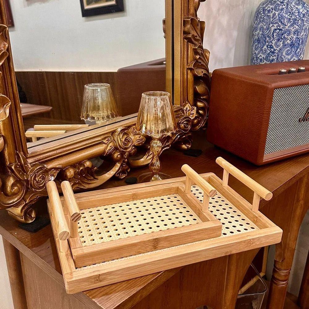 Hollow Serving Tray with Handles Handmade Kitchen Fruit Platter Bamboo Hand-Held Tray  Food