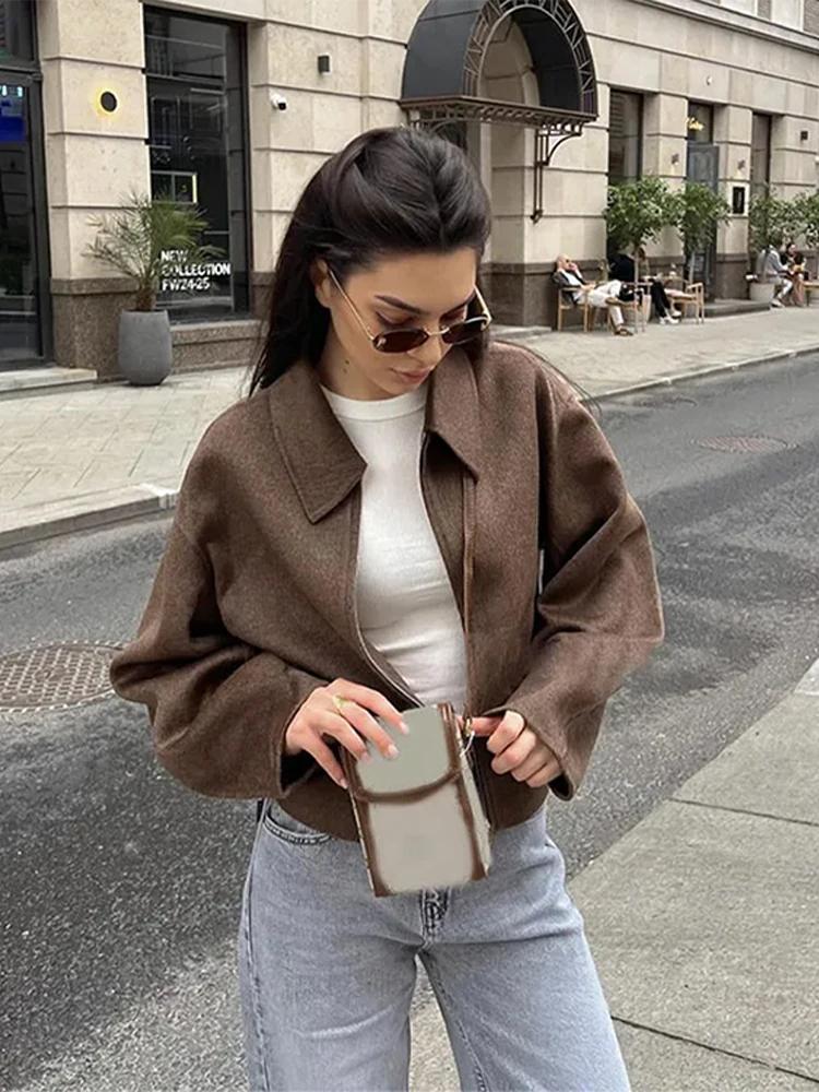 Modische braune Wolljacke mit Reißverschluss für Damen, elegantem Revers, langen Ärmeln, kurzen Mänteln, weiblich, Vintage, Herbst, Damen-Street-Oberbekleidung